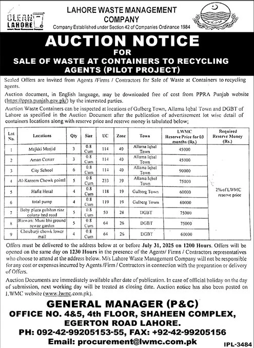 Lahore Waste Management Company Lahore Tender Notice